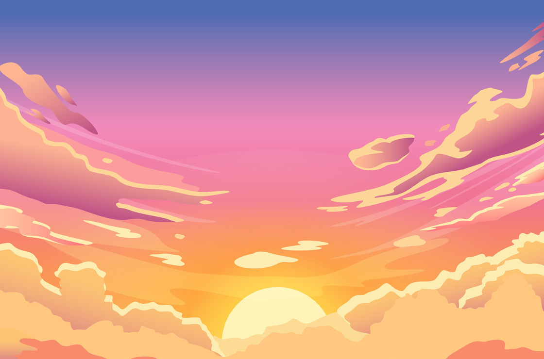 Sunset sky. Cartoon summer sunrise with pink clouds and sunshine, evening cloudy heaven panorama